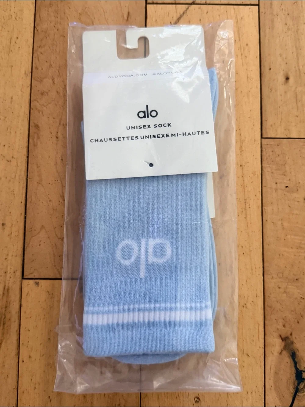 ALO Yoga Pastel Blue Ribbed Crew Socks with White Stripes